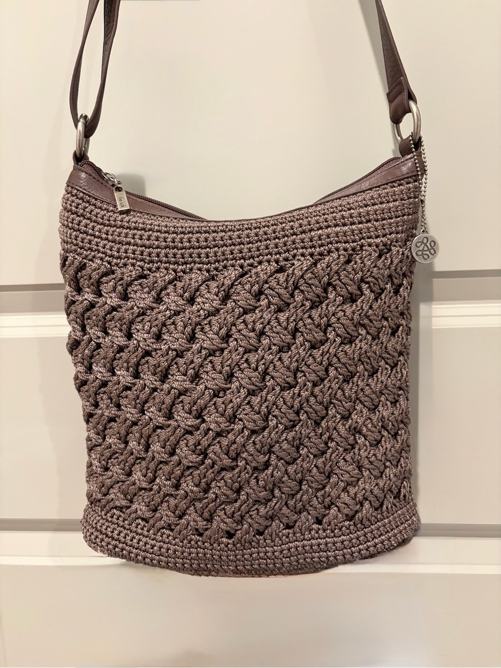 The Sak Lucia Brown Crocheted Crossbody Bag - Genuine Leather Trim (Like New)